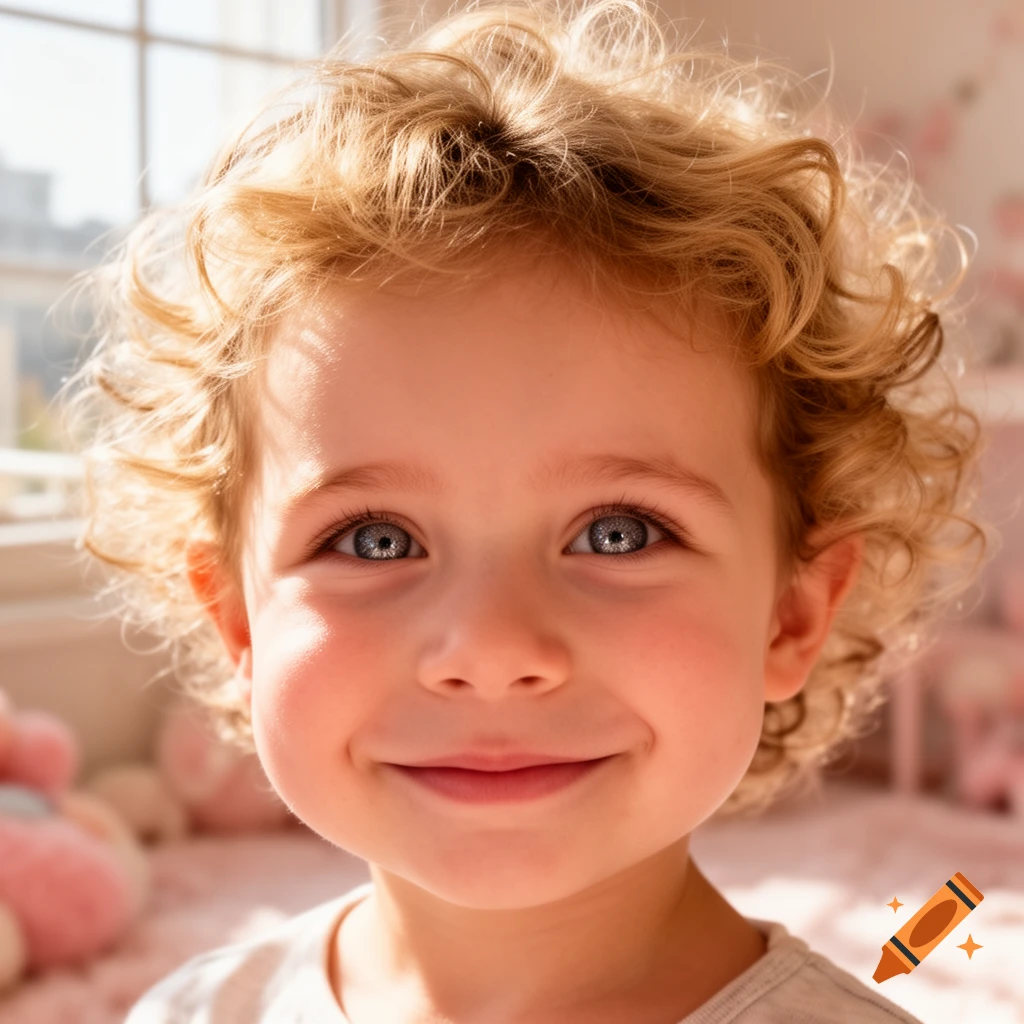 Close-up photorealistic portrait of a smiling child with curly blonde hair and bright blue eyes.