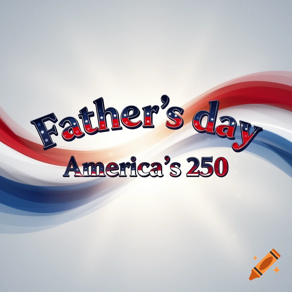 Father's day America's 250 text in patriotic red, white, and blue colors over a wavy background.