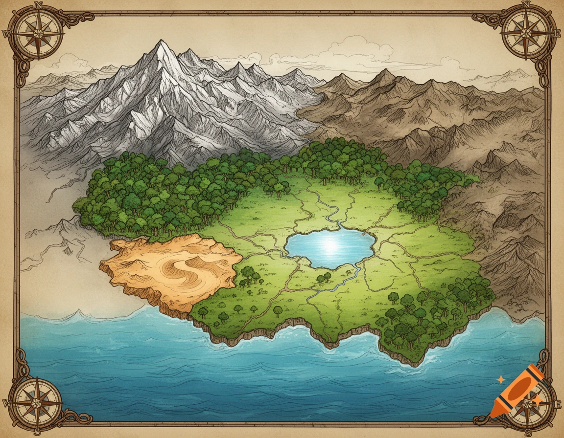 An old-style fantasy map with a mountain range, a large forest, a desert area, a lake, rivers, and an ocean, all enclosed in an ornate border with compass roses.