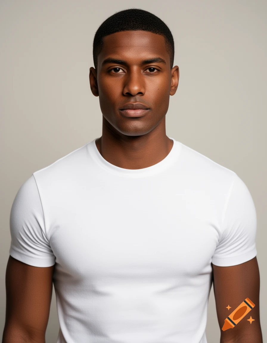Photorealistic studio portrait of a young dark-skinned man with short hair, wearing a white t-shirt, against a light gray background.
