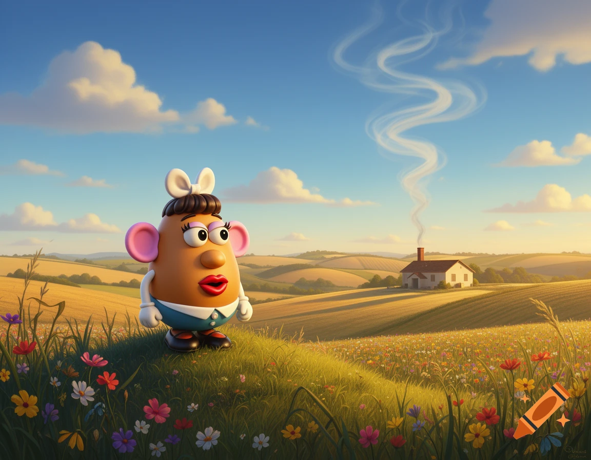 Mrs. Potato Head stands on a grassy hill with wildflowers, overlooking a golden countryside with a distant house and smoke rising.