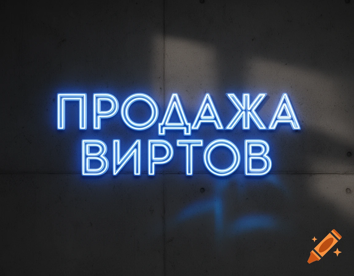 Blue neon sign with Russian text "ПРОДАЖА ВИРТОВ" (SALE OF VIRTUALS) on a concrete wall, casting shadows.