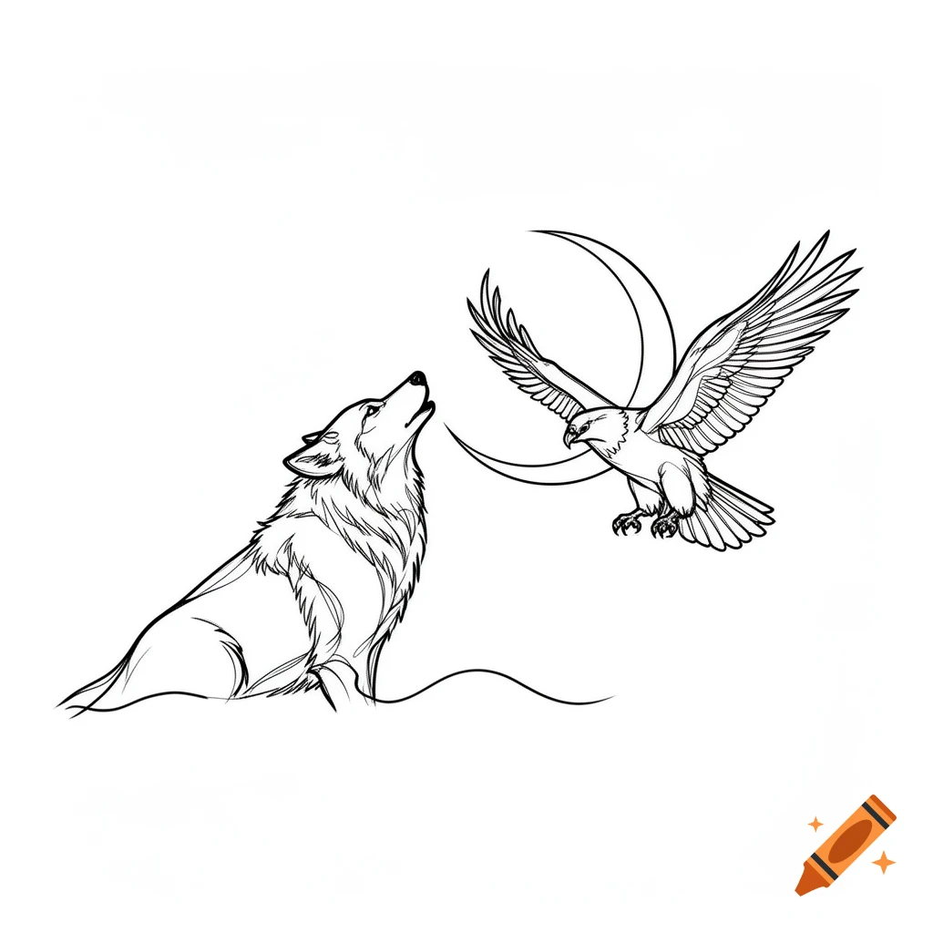 Line art tattoo design of a wolf howling at an eagle in flight, silhouetted by a crescent moon.