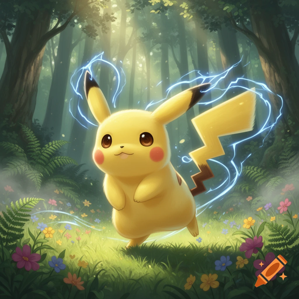 Pikachu with blue lightning running through a lush forest with colorful wildflowers, bright illustration style.