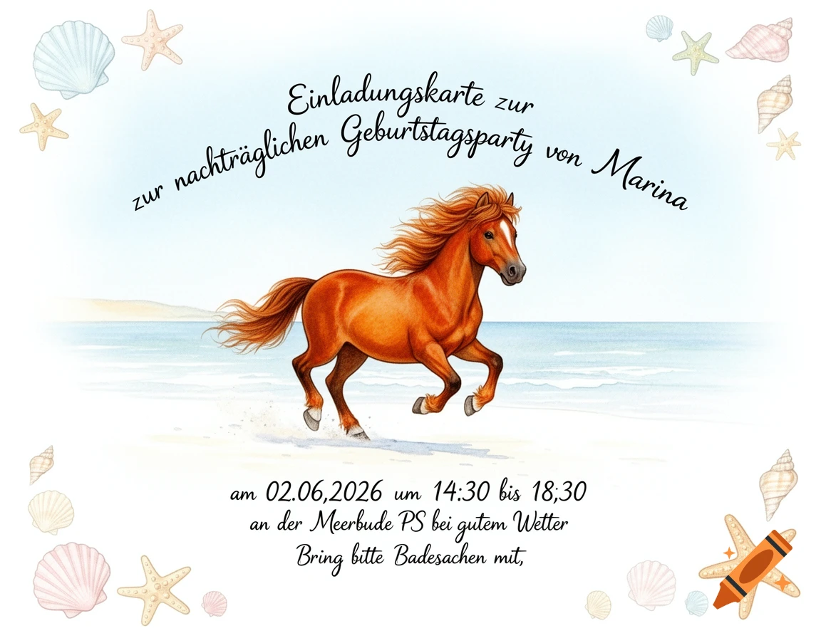 Watercolor invitation card featuring a brown horse galloping on a sandy beach, decorated with seashells and starfish, with German text.