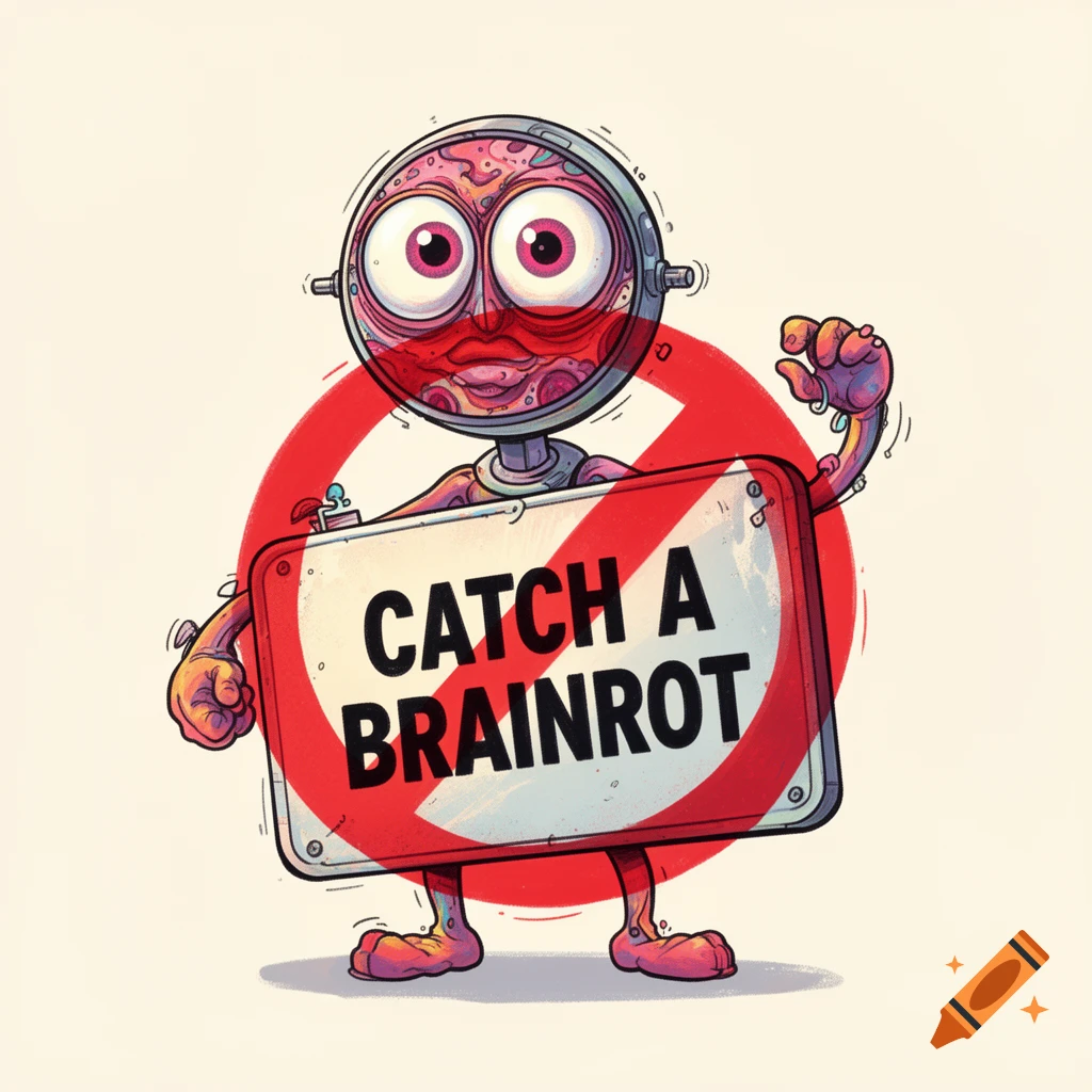 A humorous cartoon creature with large eyes and a brain-like head, holding a sign with a red prohibition symbol that reads 'CATCH A BRAINROT'.