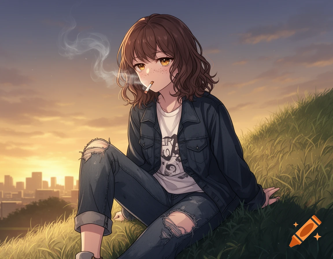Anime girl with brown hair and freckles sits on a grassy hill, smoking, with a city and sunset background.