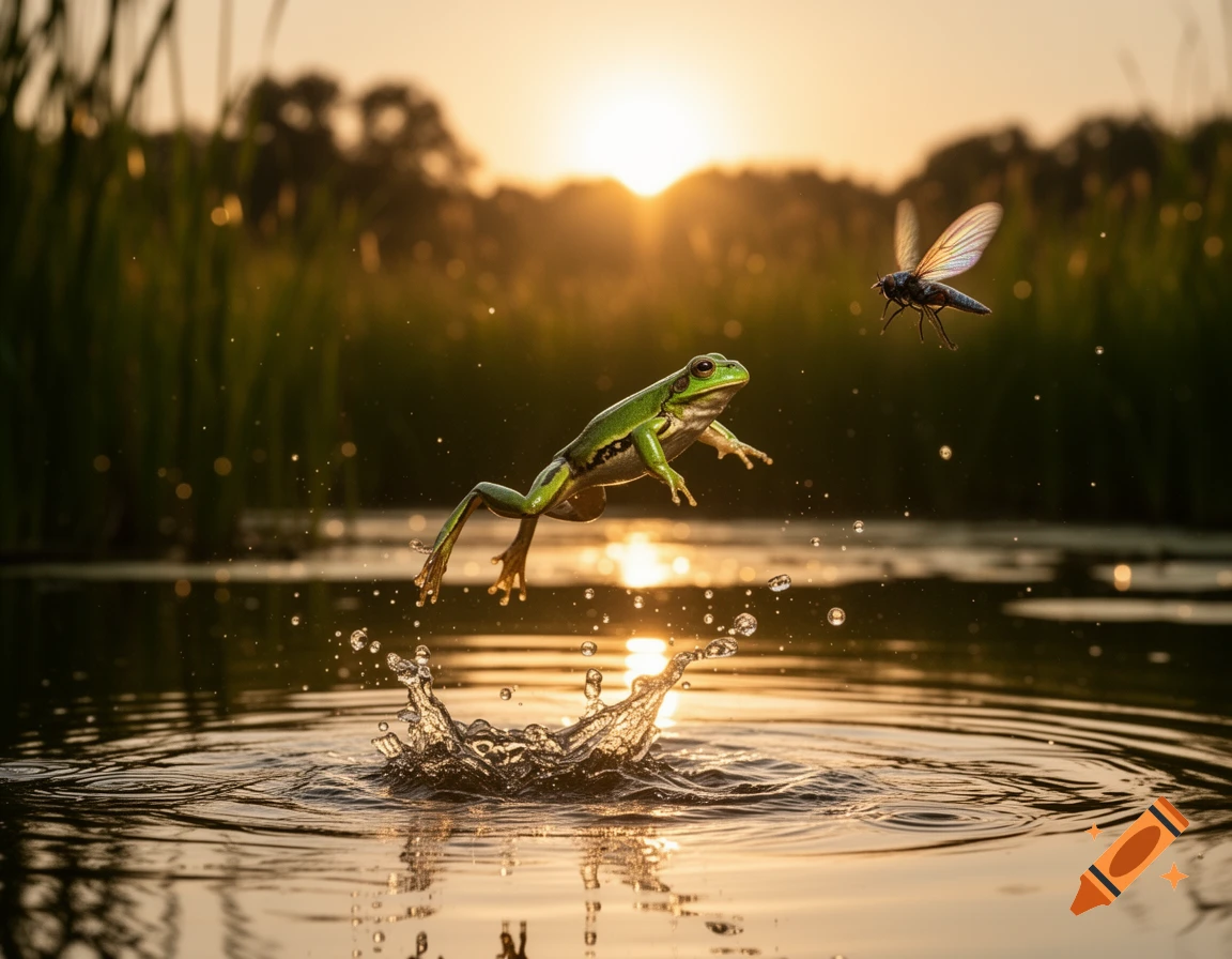 Photorealistic image of a green frog jumping from water towards a fly, creating a splash, with a golden sunset backdrop.