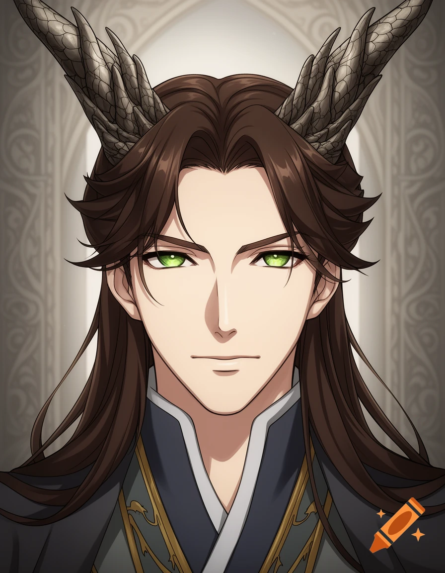 Anime-style portrait of a man with long brown hair, green eyes, and scaled dragon horns, wearing dark ornate clothing.