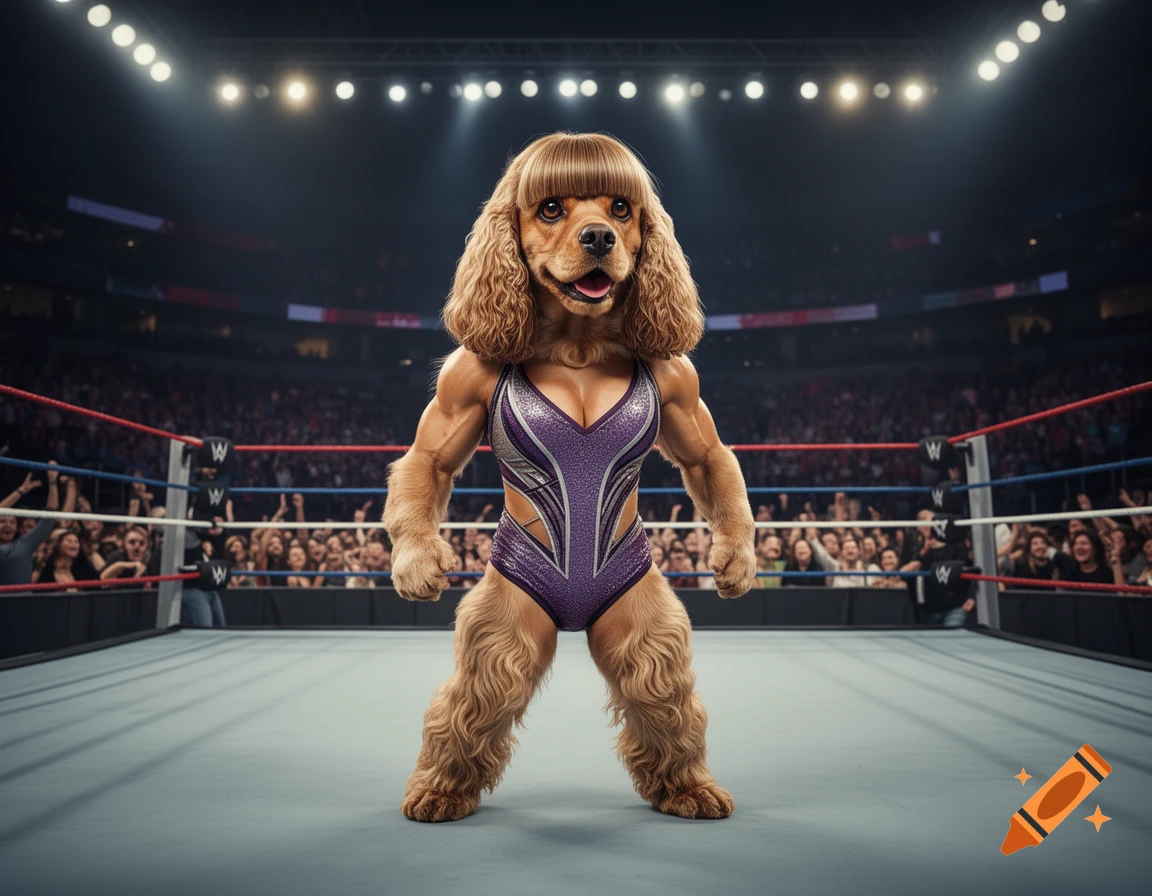 A muscular, anthropomorphic female cocker spaniel wrestler with blunt bangs poses confidently in a purple leotard in a wrestling ring.