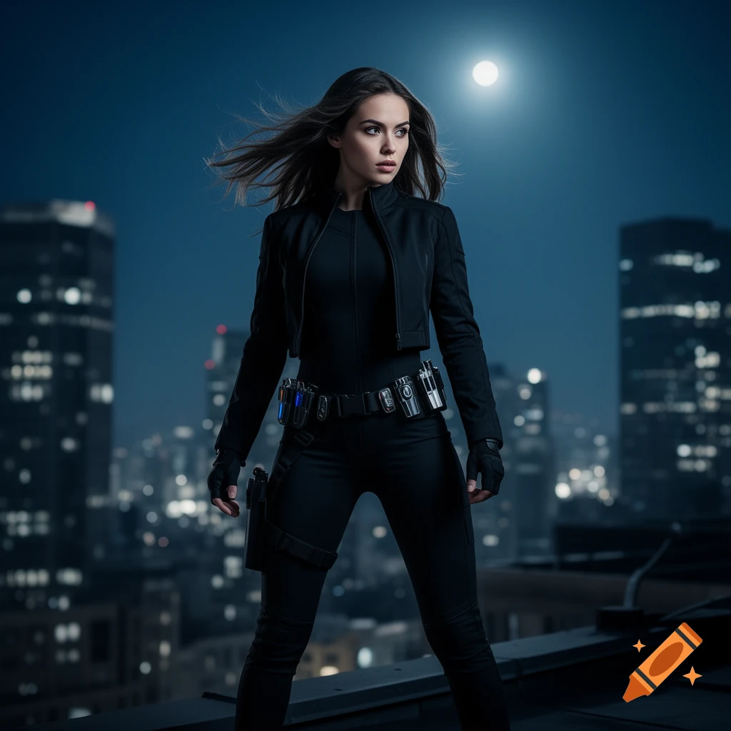 A photorealistic spy girl in black tactical gear stands on a city rooftop at night, looking right.