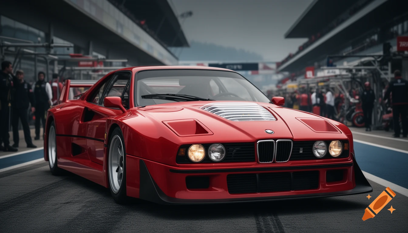 Photorealistic red hybrid BMW E30 DTM and Ferrari F40 concept car on a race track pit lane.