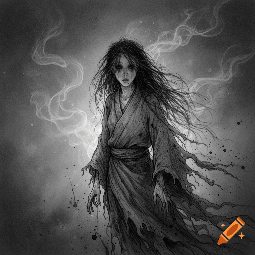 A black and white gritty illustration of a gaunt, long-haired ghost in a tattered robe, surrounded by wispy smoke.