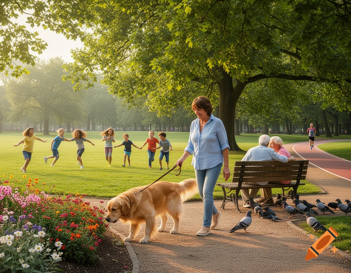 A woman walks a golden retriever past flowers and pigeons in a sunny park where children play and an elderly couple sits on a bench.