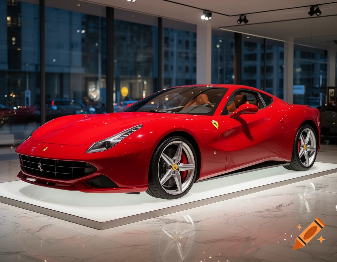 A sleek red Ferrari sports car sits on a white display in a modern showroom with city reflections.