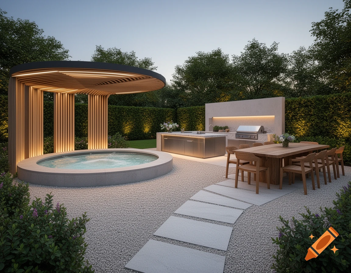 A modern backyard features a round hot tub under a slatted pergola, an outdoor kitchen with a grill, and a wooden dining table on light gravel.