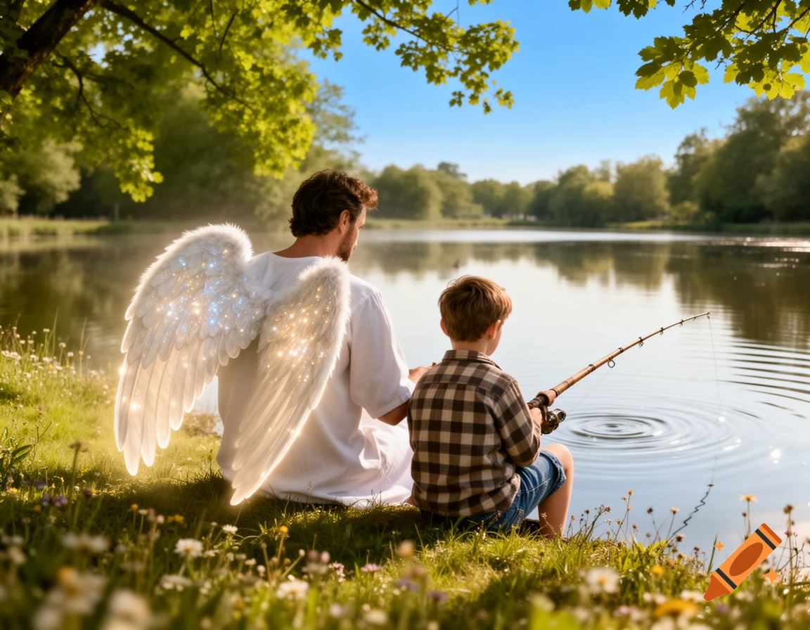 A photorealistic image of a father with large, glowing angel wings and his son fishing together by a serene pond on a sunny day.
