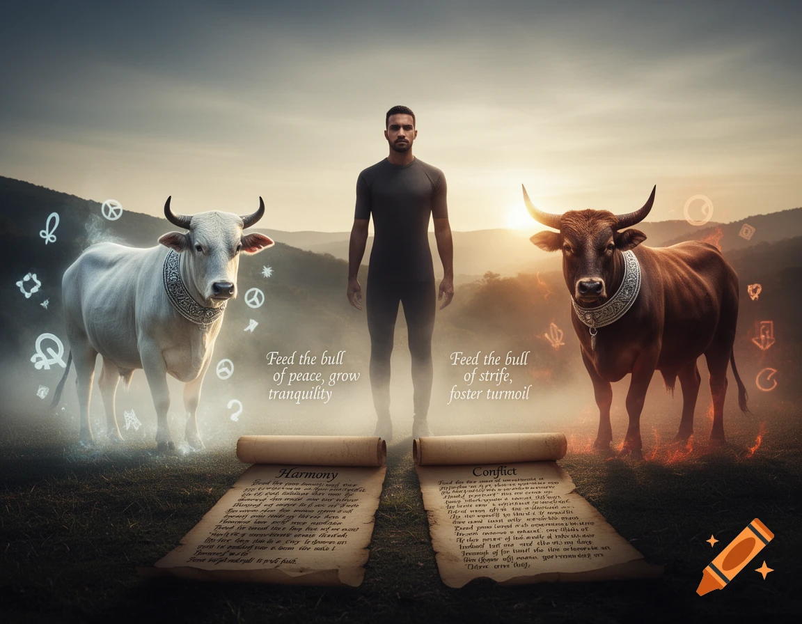 A man stands between a white bull with peace symbols and a brown bull with fire and conflict symbols, with scrolls on the ground detailing "Harmony" and "Conflict" at sunset.