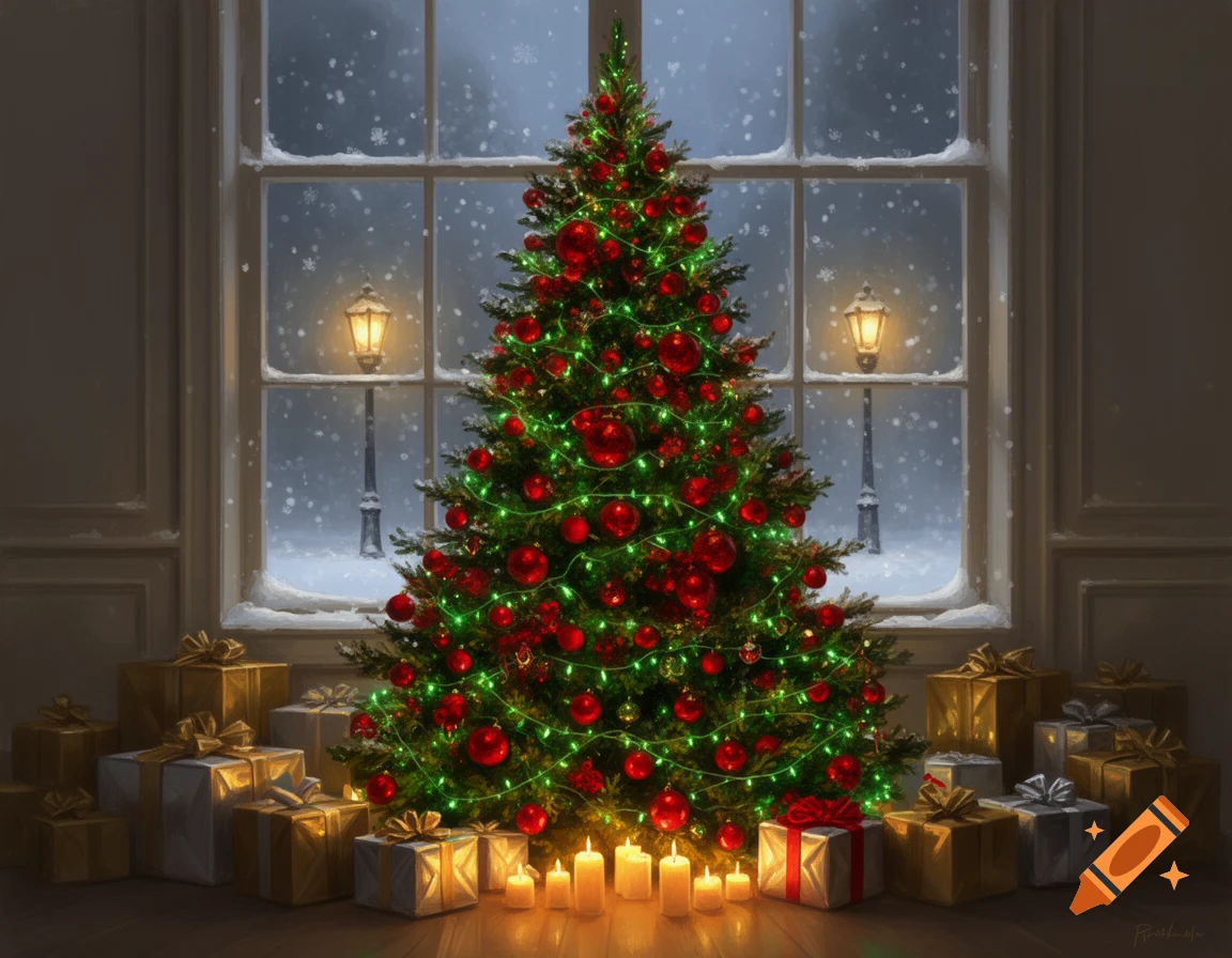 A painting of a festive Christmas tree with red ornaments and green lights, surrounded by gifts and candles, against a snowy window.