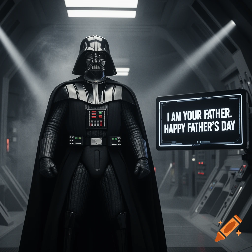 Photorealistic image of Darth Vader standing in a smoky, sci-fi corridor next to a screen displaying "I AM YOUR FATHER. HAPPY FATHER'S DAY".