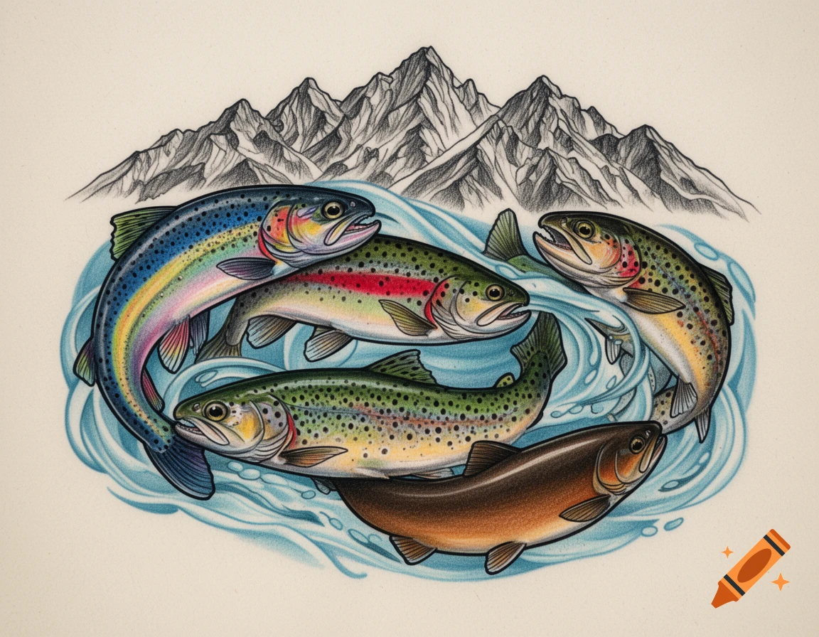 Stylized tattoo design featuring colorful rainbow, brook, cutthroat, and brown trout swimming in water with sketched mountains.