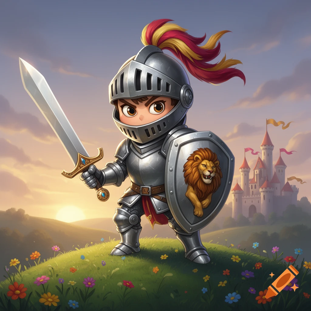 A cute cartoon chibi knight in shiny armor holds a sword and lion-emblazoned shield on a flowery hill with a castle at sunset.