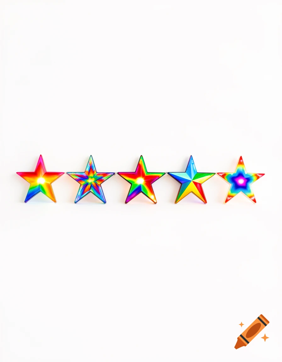 Five vibrant rainbow-colored stars in a line on a pristine white background.