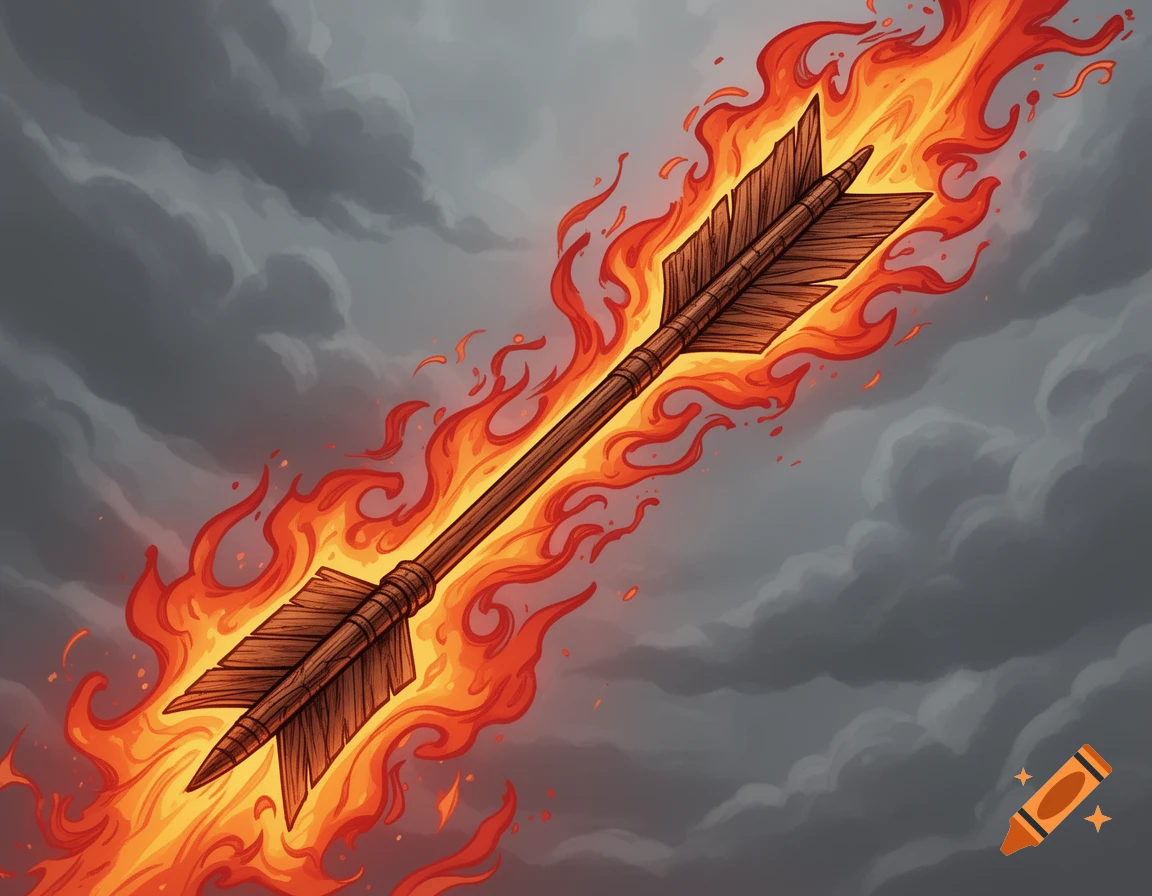 Stylized wooden arrow engulfed in flames flying diagonally upwards against a dark, stormy sky in a comic book style.