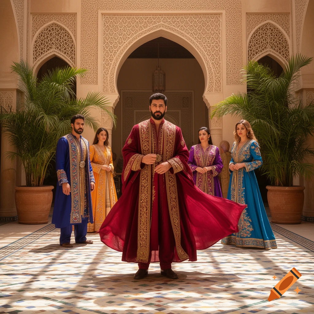 A group of five people in ornate traditional Middle Eastern attire posing in an arched courtyard with potted plants.
