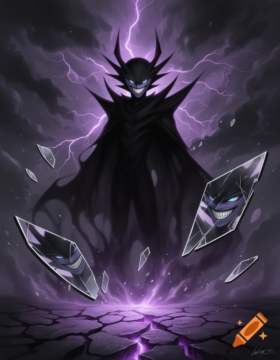 A dark, spiky, demon-like figure with glowing purple eyes and a sinister grin stands amid purple lightning and cracked ground, with mirror shards reflecting its face.