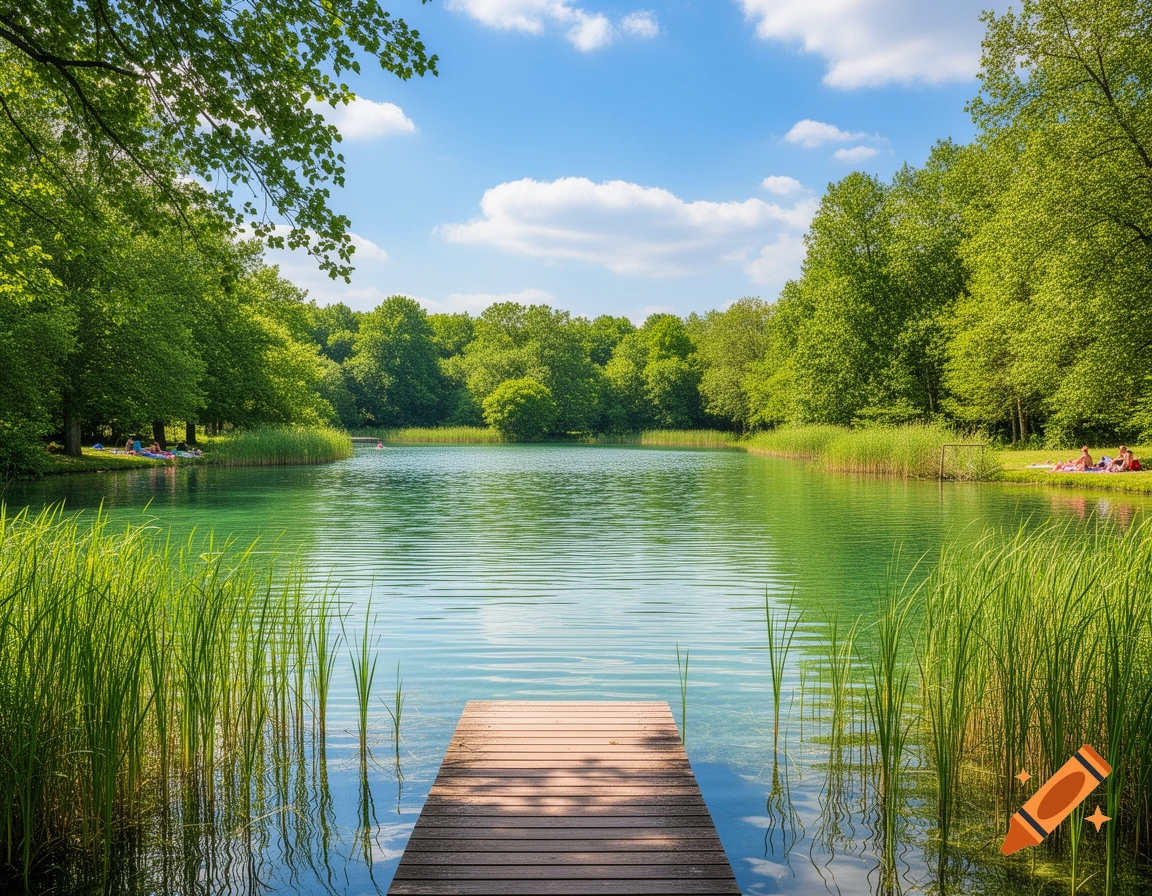 Photorealistic image of a wooden pier on a clear green lake surrounded by lush trees under a blue sky, with people relaxing on the banks.
