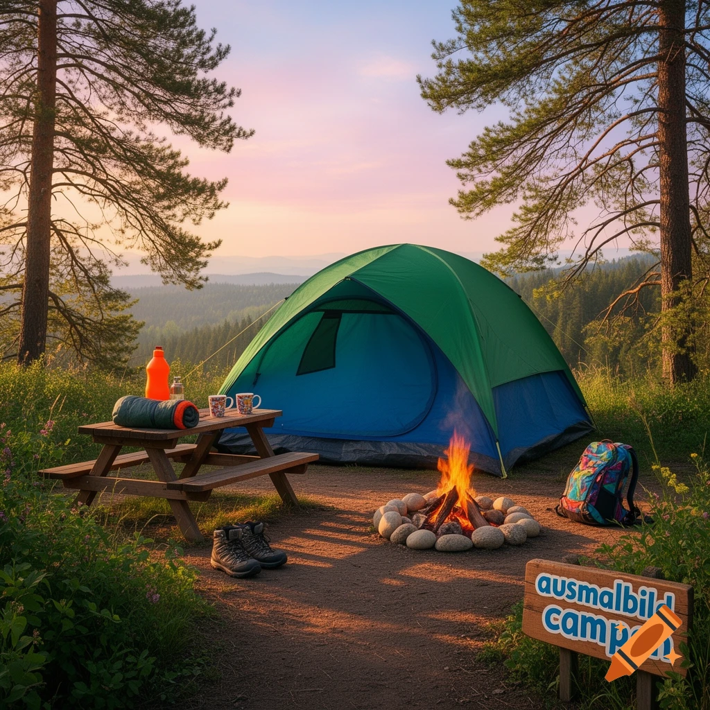 A photorealistic scene of a green and blue camping tent set up in a forest clearing at sunset, with a campfire, picnic table, boots, and a backpack.