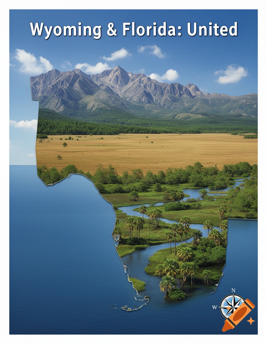 Map-like image merging Wyoming's mountains and plains with Florida's coast and palm-lined rivers, titled 'Wyoming & Florida: United'.