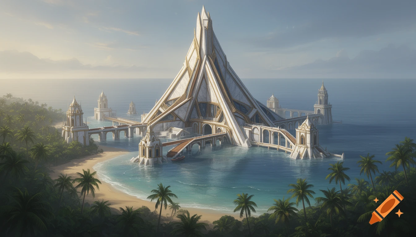 A grand, white and gold triangular fantasy fortress built over a blue ocean, connected by bridges to smaller towers, with a tropical beach and palm trees on the left.