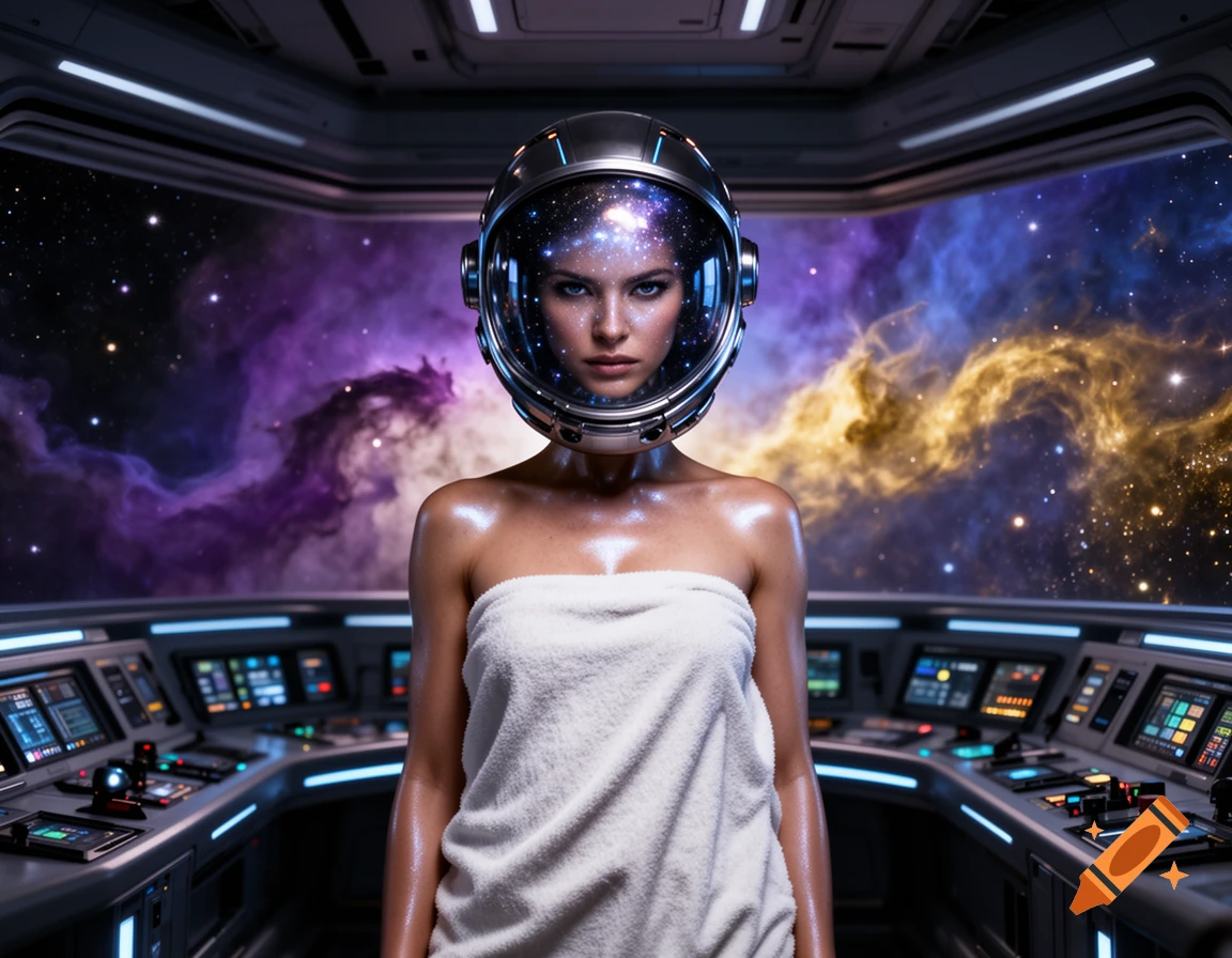 A woman in a futuristic astronaut helmet with a cosmic reflection, wearing a towel, stands in a spaceship cockpit viewing a nebula.