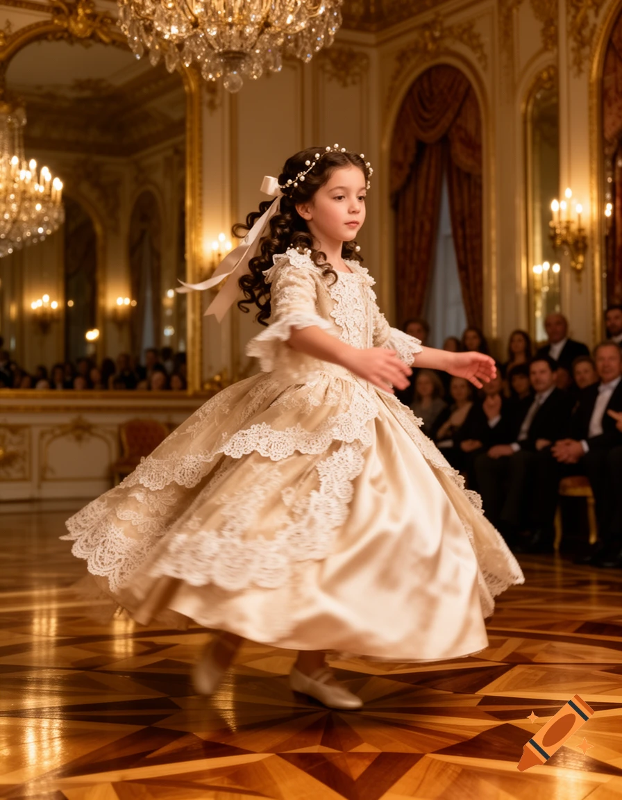 A young girl in an elegant cream gown and pearl headband dances in an ornate, golden ballroom with chandeliers.