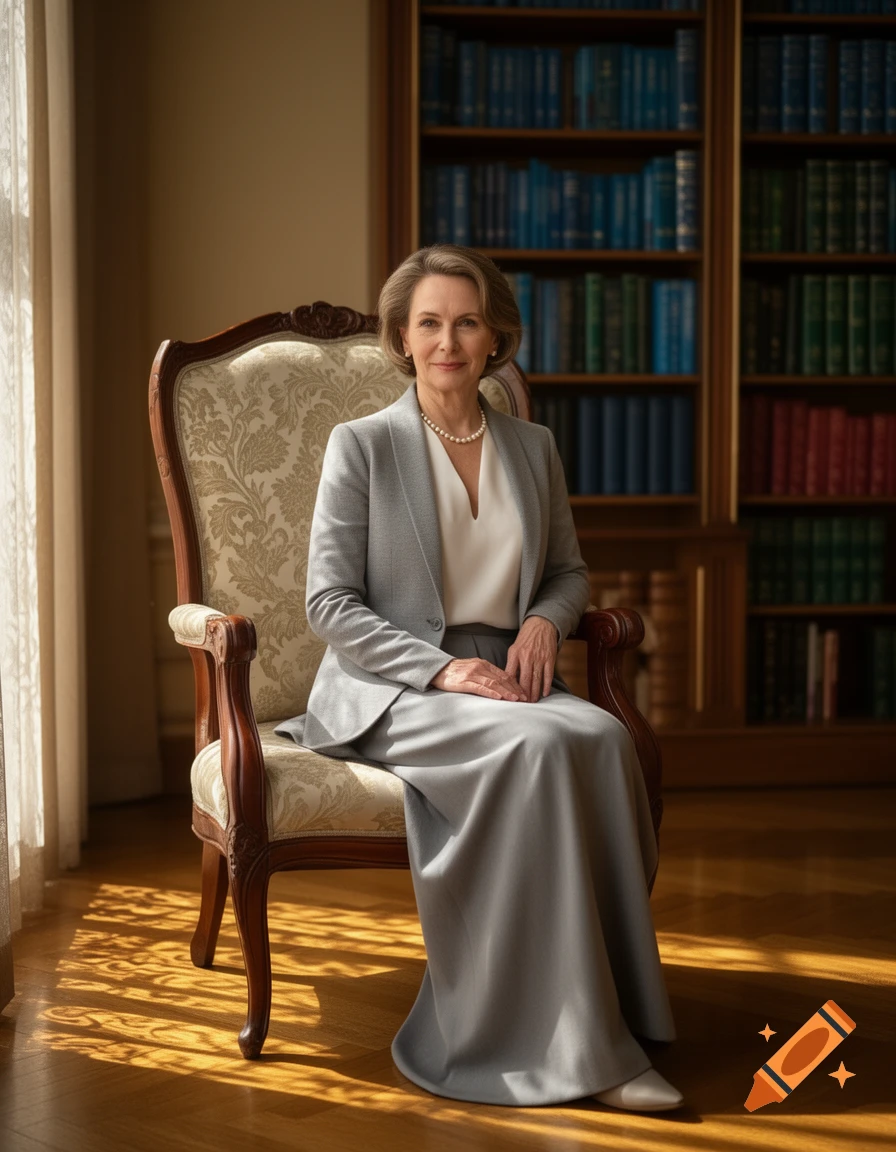 A woman in a gray suit and white blouse sits in an ornate chair in a library, bathed in sunlight.