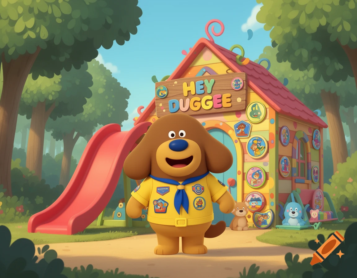 A cartoon dog character, Hey Duggee, stands in front of a colorful playhouse with a slide in a vibrant outdoor setting.