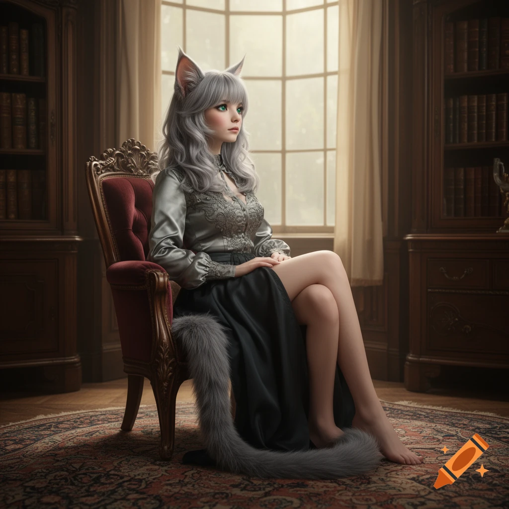 Photorealistic grey-haired catgirl with green eyes in a grey blouse and black skirt, sitting in an ornate red chair in a luxurious room.
