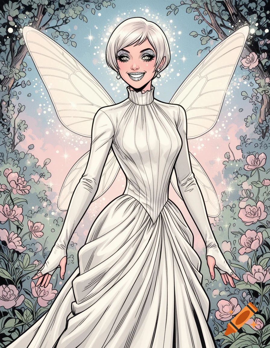 A white fairy with short platinum hair, glittery makeup, and a wide smile, wearing a white high-necked Victorian-style dress, against a background of sparkling trees and pink flowers in comic book style.