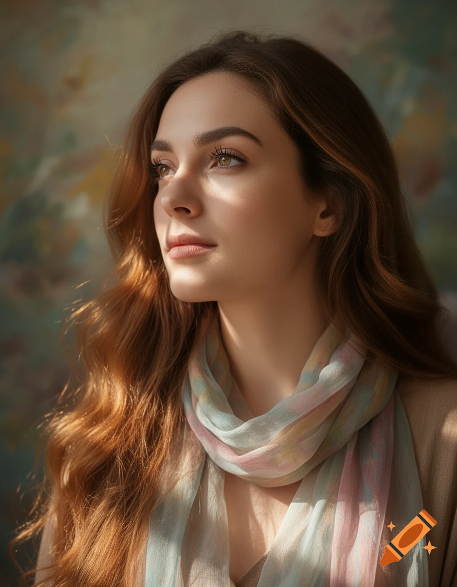 A photorealistic portrait of a young woman with long brown hair and a pastel scarf, looking to the side with sunlight across her face.