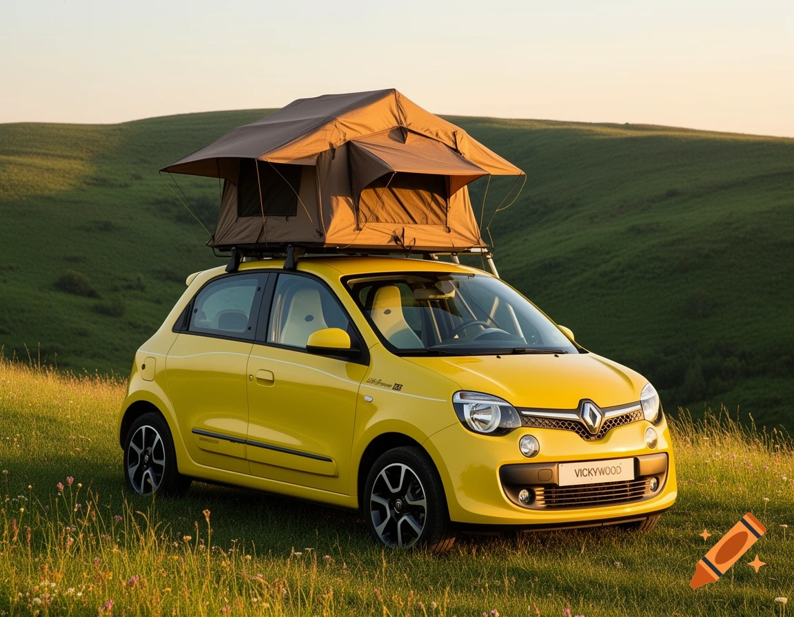 A yellow Renault Twingo with a brown rooftop tent deployed in a lush green, hilly field under a clear sky.