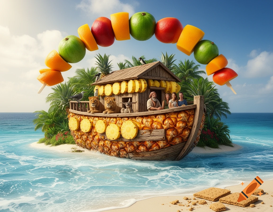 A pineapple Noah's Ark with people and animals on a tropical island beach, under an arch of fruit skewers, photorealistic.