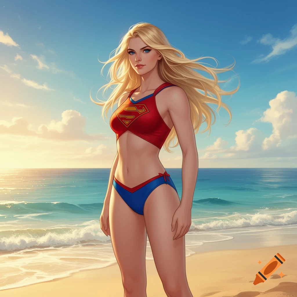 Supergirl with long blonde hair, wearing a red and blue bikini with the 'S' shield, stands on a sandy beach by the ocean under a blue sky.