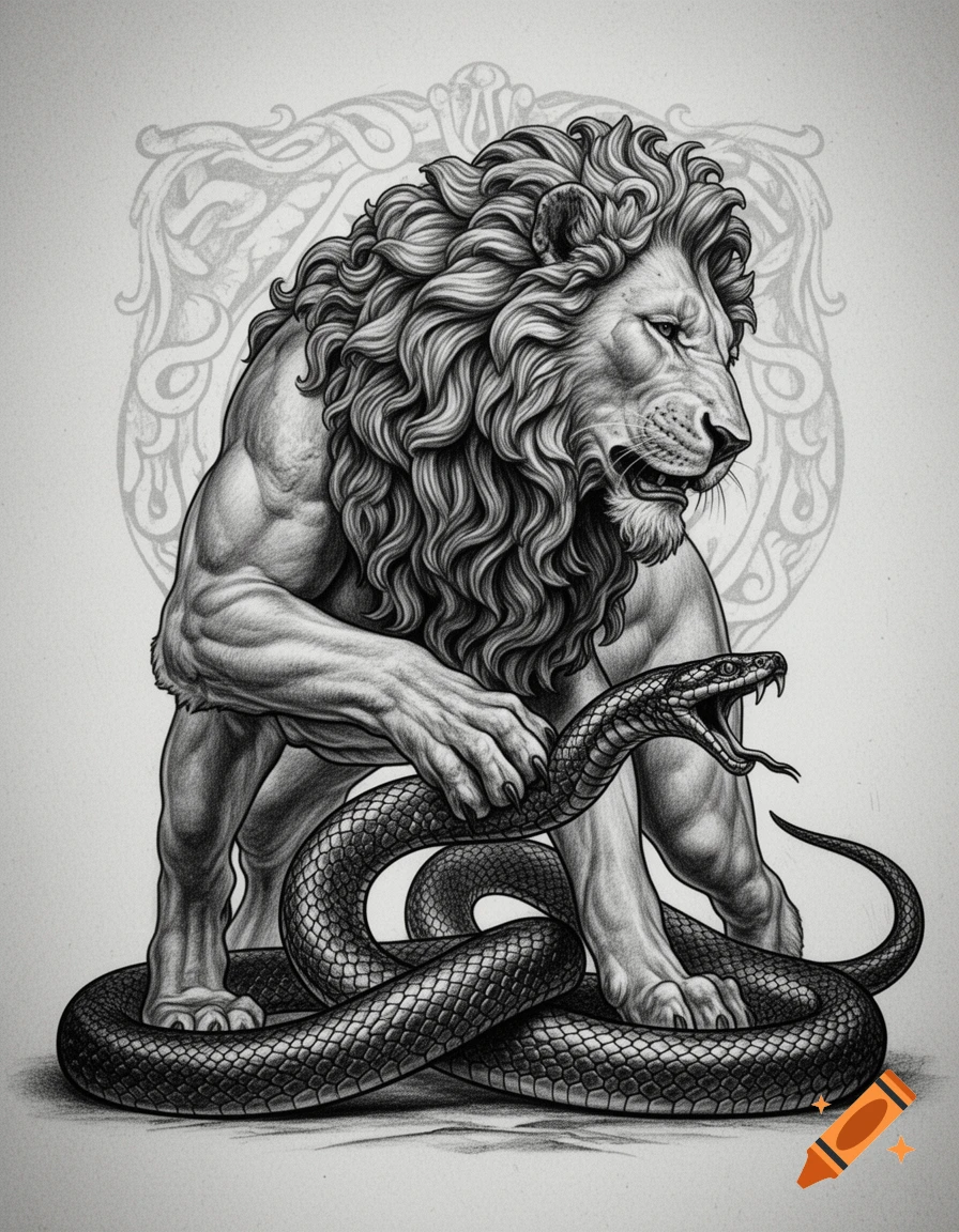 Black and white pencil drawing of a muscular lion-human hybrid pinning down an aggressive snake, in a Roman statue style.