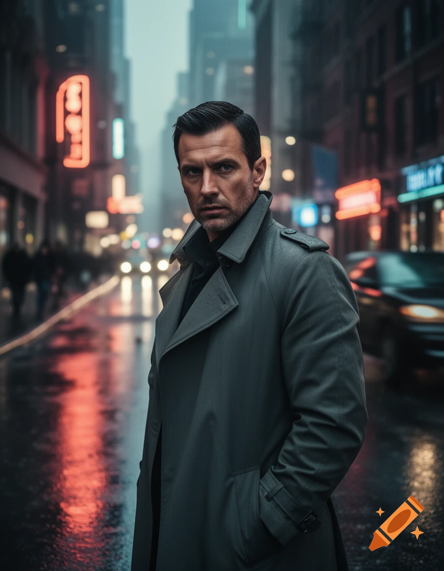 Photorealistic man in a grey trench coat stands on a rainy city street at night, neon lights reflecting on wet ground.