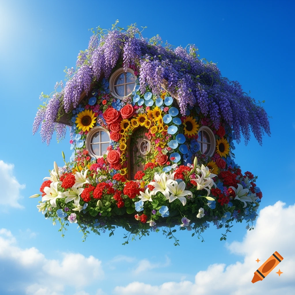 A whimsical floating house covered in colorful wisteria, sunflowers, roses, and lilies against a bright blue sky.