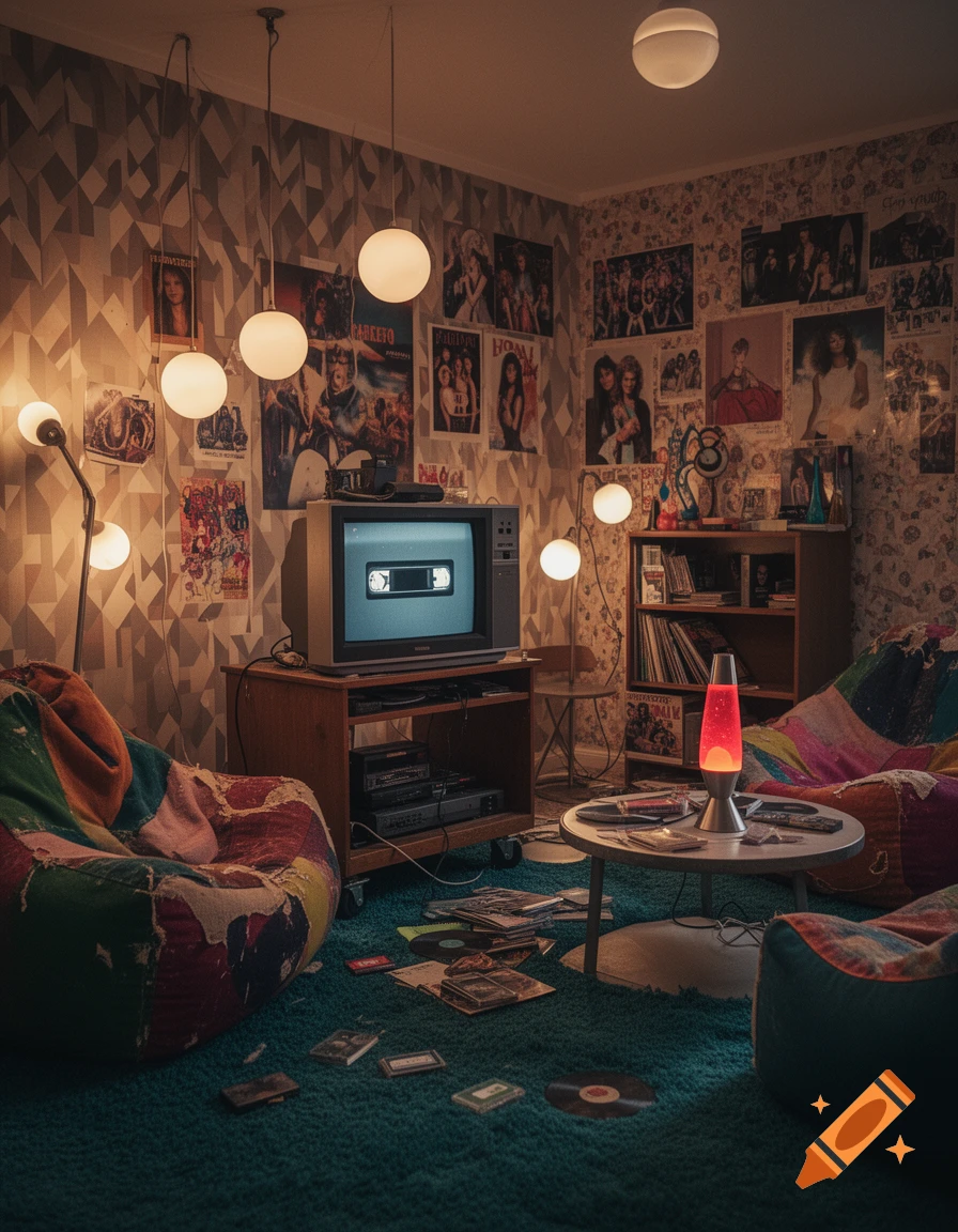 A cluttered 90s-style room with patterned wallpaper, bean bag chairs, a TV playing a VHS, a lava lamp, and numerous band posters covering the walls.