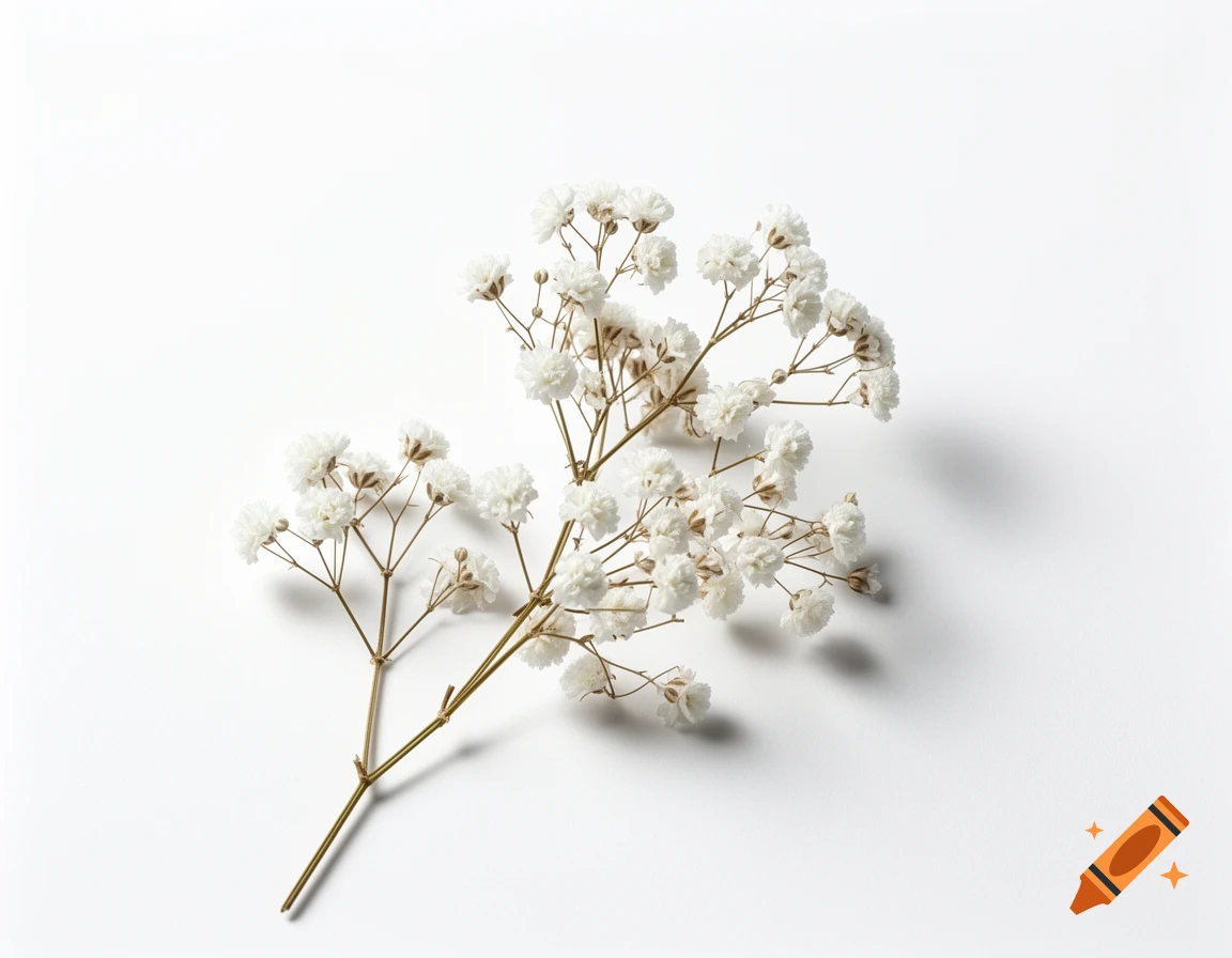 Close-up of delicate white gypsophila flowers on thin brown stems against a pure white background, casting a soft shadow.