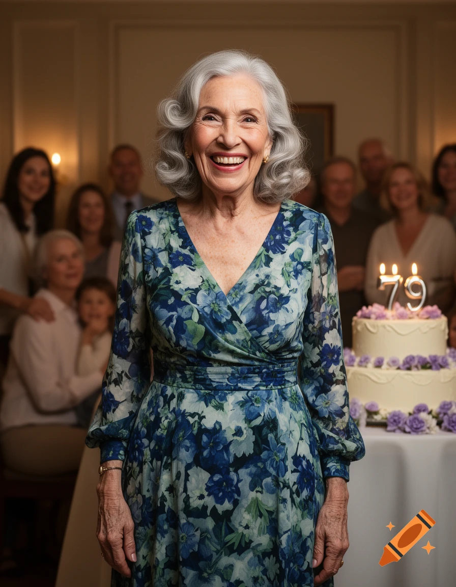 A smiling elderly woman with grey hair in a floral dress stands in front of a birthday cake with '79' candles and blurred family members.